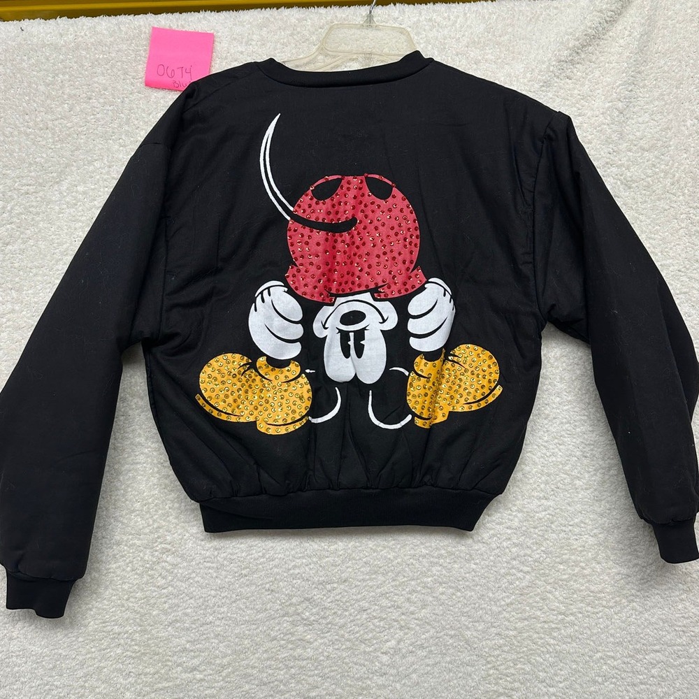 Vintage Mickey & Co Disney Sequin Bomber Jacket Black Full Zip Womens Small